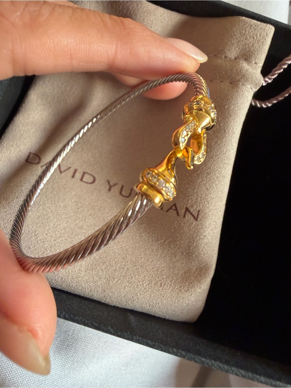 David Yurman Sterling Silver 18K Gold Diamond Cable Hook Bracelet Medium M Box - Picture 12 of 17